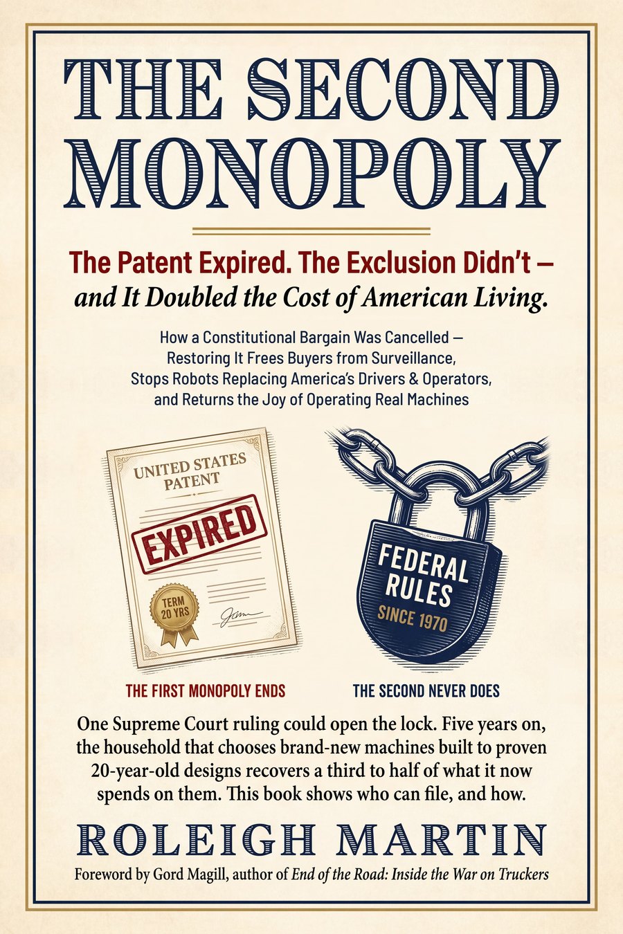 Front cover: The Second Monopoly &mdash; The Patent Expired. The Exclusion Didn&rsquo;t &mdash; and It Doubled the Cost of American Living, by Roleigh Martin, foreword by Gord Magill.