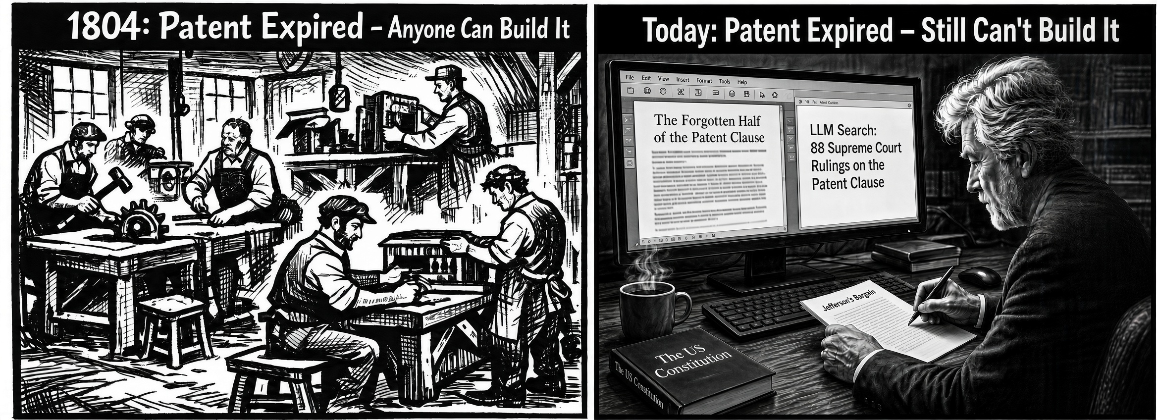 Two-panel illustration. Left, “1804: Patent Expired – Anyone Can Build It”: craftsmen at work benches in an early workshop. Right, “Today: Patent Expired – Still Can’t Build It”: an older man at a desk writes by hand beside a copy of the U.S. Constitution, while his monitor shows The Forgotten Half of the Patent Clause in one window and “LLM Search: 88 Supreme Court Rulings on the Patent Clause” in another.