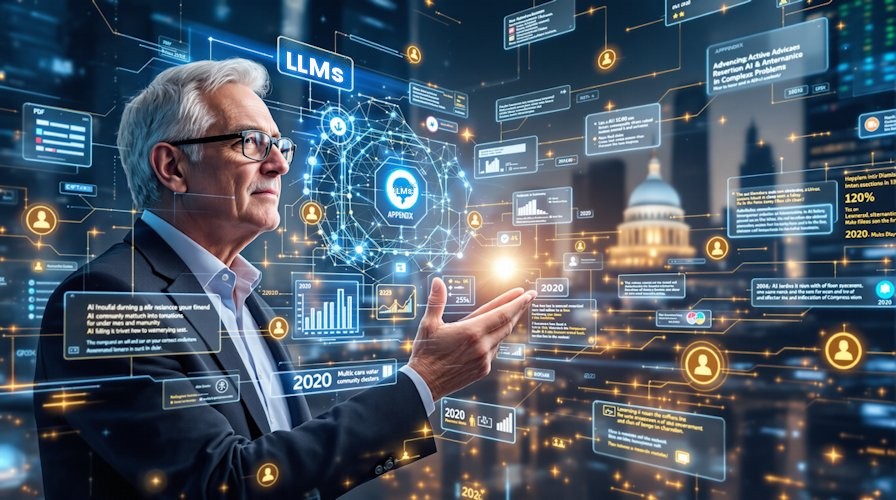 An older man in glasses and a dark jacket gestures toward a glowing web of AI panels, charts, and documents labeled LLMs, with the U.S. Capitol dome in the background.