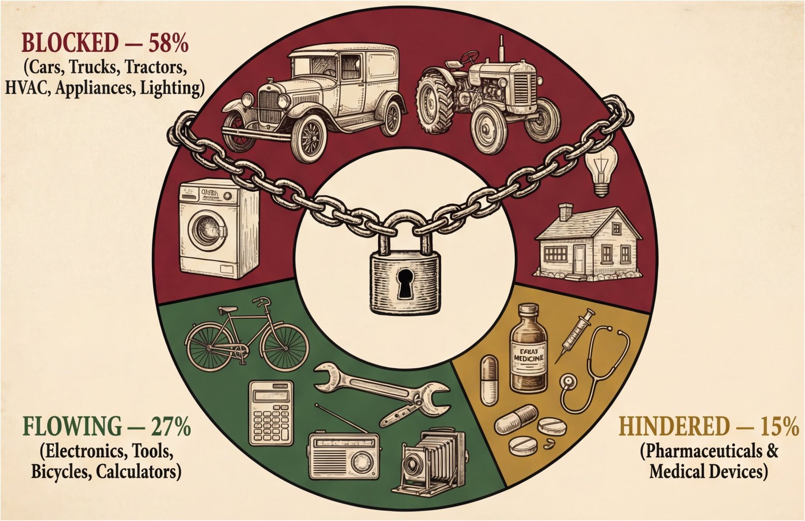 Ring chart of the expired-patent commons since 1970. Blocked, 58 percent: cars, trucks, tractors, HVAC, appliances, lighting, bound by a padlocked chain. Hindered, 15 percent: pharmaceuticals and medical devices. Flowing, 27 percent: electronics, tools, bicycles, calculators.