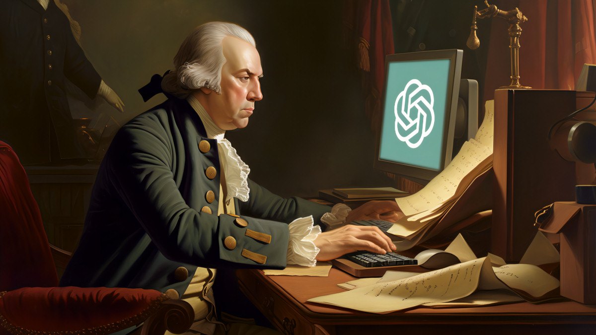Painting-style image of James Madison in eighteenth-century dress typing at a computer whose screen shows the OpenAI logo, with manuscript pages on the desk.