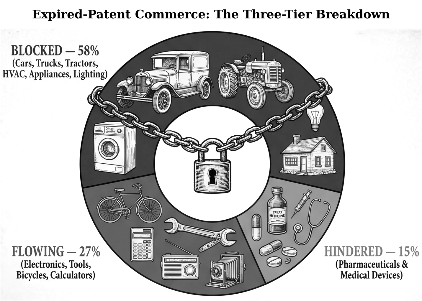 Three-Tier Breakdown of the Expired-Patent Economy — 58% Blocked / 15% Hindered / 27% Flowing