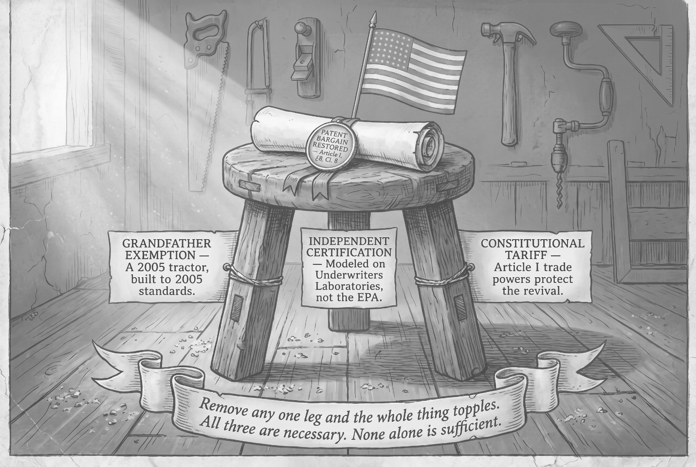 The three-legged stool of patent bargain restoration. The grandfather exemption and independent engineering certification flow directly from a federal court ruling. The tariff or import restriction is a political follow-on under Article I trade powers.